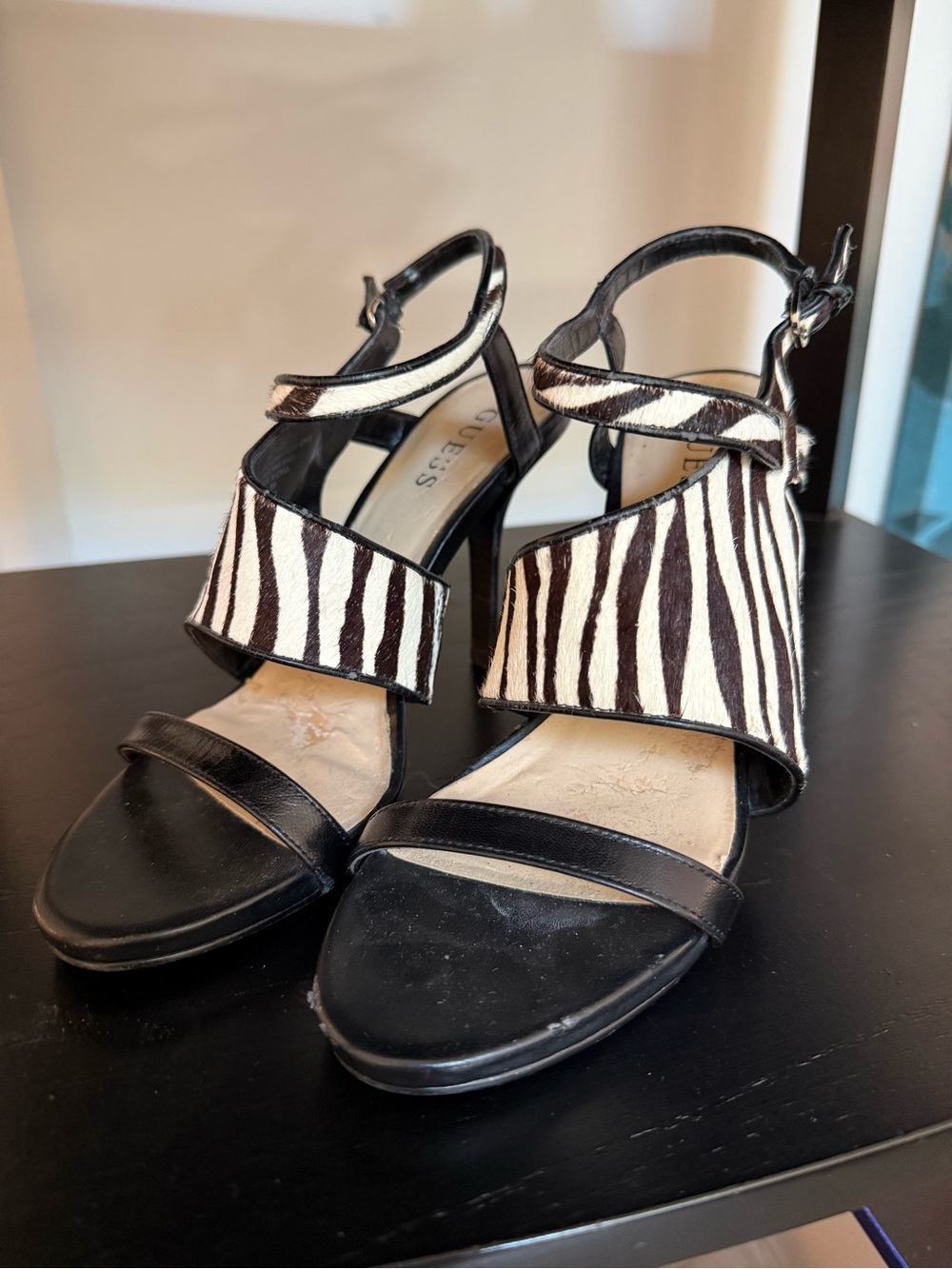 Guess Black and White Zebra-Print Ankle-Strap Heels